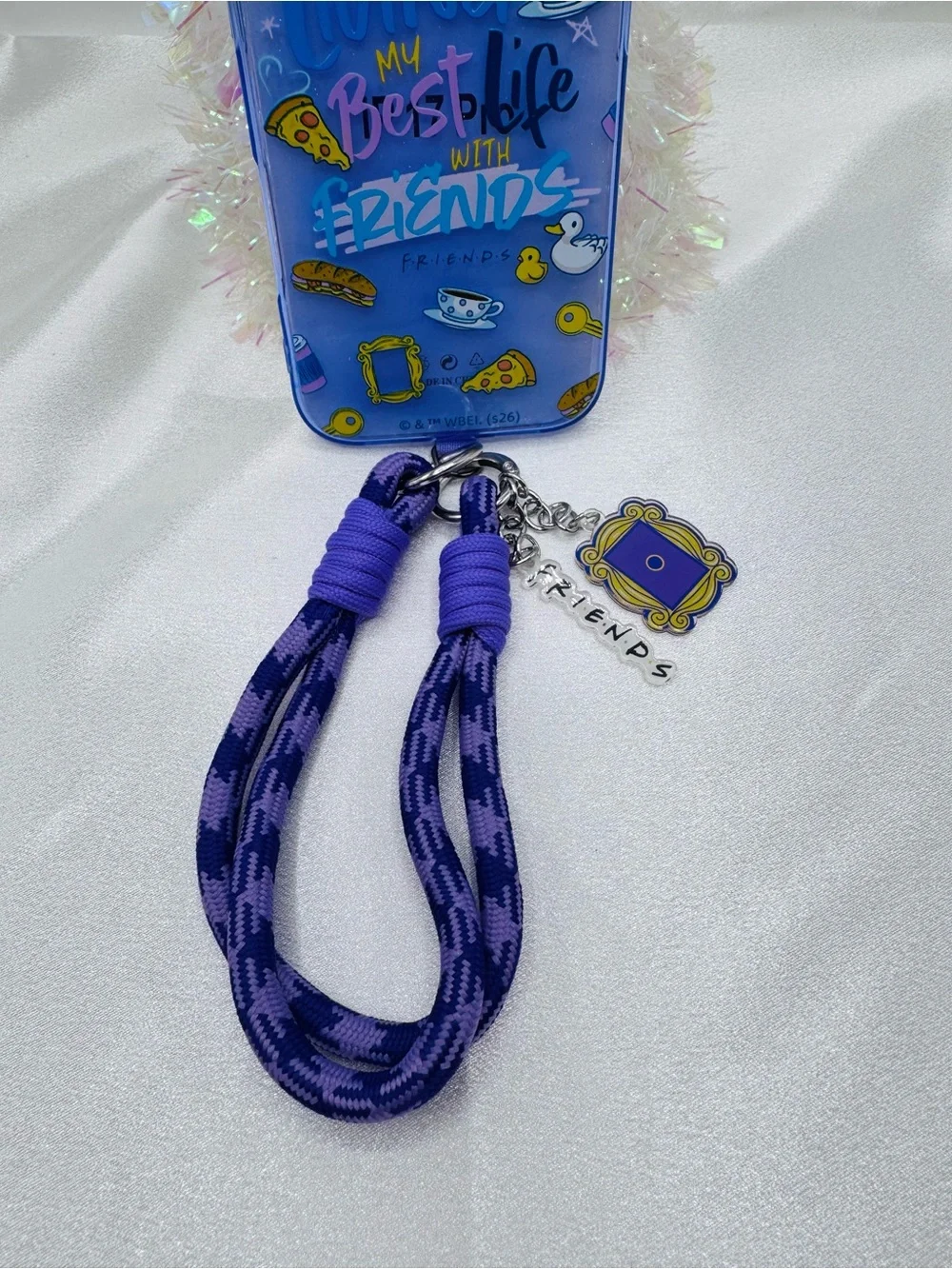 Friends TV Show iPhone 17 Pro Case w/ Wrist Lanyard & Frame Charm – Purple Clear